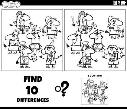 Differences activity with cartoon professional people coloring page Black ... Stock Photos