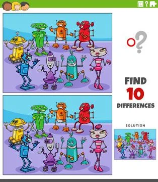 Differences activity with cartoon robots characters group Stock Illustration