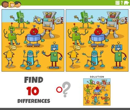 Differences activity with cartoon robots characters Stock Illustration