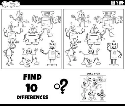 Differences activity with cartoon robots coloring page Stock Illustration