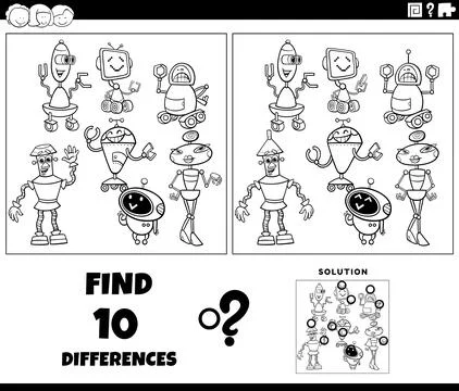 Differences activity with cartoon robots coloring page Stock Illustration