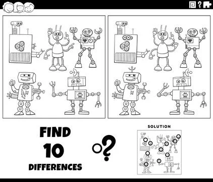 Differences activity with cartoon robots coloring page Stock Illustration