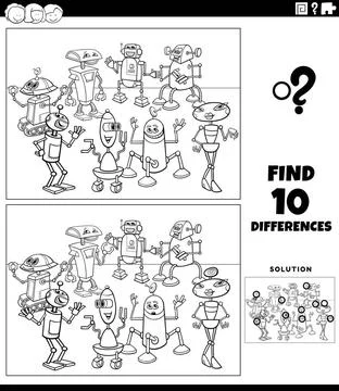 Differences activity with cartoon robots coloring page Black and white car... Stock Photos
