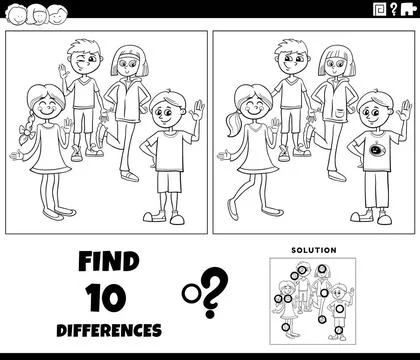 Differences activity with cartoon school children coloring page Black and ... Stock Photos