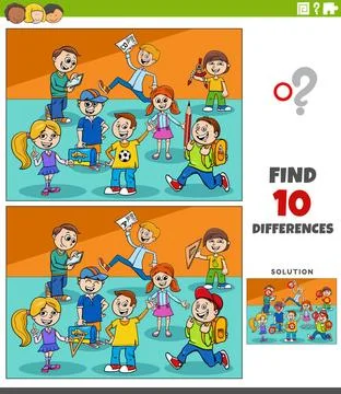 Differences activity with cartoon school pupils characters Cartoon illustr... Stock Photos