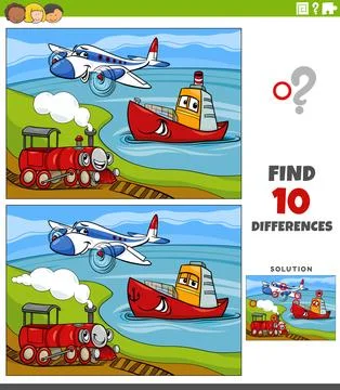 Differences activity with cartoon transportation vehicle characters Illustrazione stock