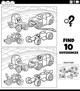 Differences activity with cartoon vehicle characters coloring page Illustrazione stock