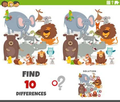 Differences activity with cartoon wild animals group Illustrazione stock