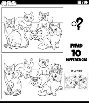 Differences activity with cats characters coloring page Black and white ca... Stock Photos