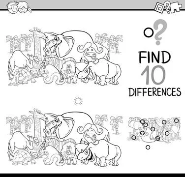 Differences activity coloring page Black and White Cartoon Illustration of... Stock Photos