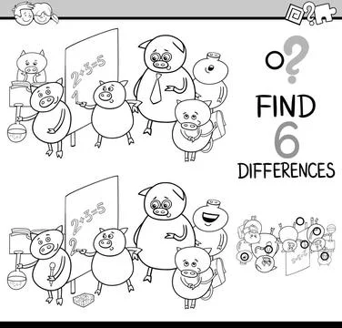 Differences activity coloring page Black and White Cartoon Illustration of... Stock Photos