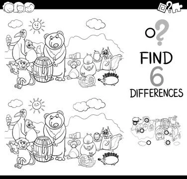 Differences activity coloring page Black and White Cartoon Illustration of... Stock Photos