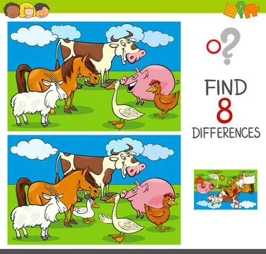 Differences activity with farm animal characters Cartoon Illustration of F... Stock Photos