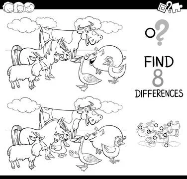 Differences activity with farm animals color book Black and White Cartoon ... Stock Photos
