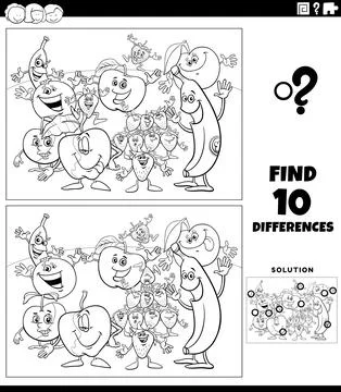 Differences activity with fruit characters coloring page Stock Illustration