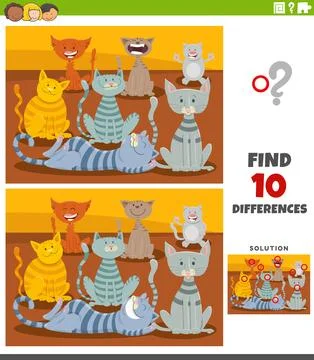 Differences activity puzzle with cartoon cats animal characters Stock Illustration