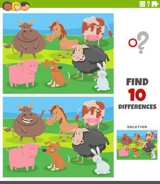 Differences activity puzzle with cartoon farm animals group Stock Illustration