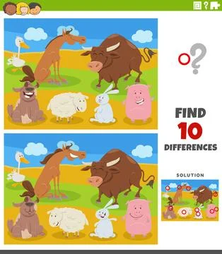 Differences activity puzzle with cartoon farm animals Stock Illustration