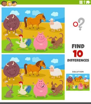 Differences activity puzzle with cartoon farm animals Stock Illustration