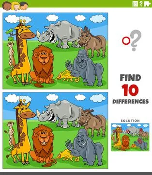 Differences activity puzzle with cartoon wild animals group Stock Illustration