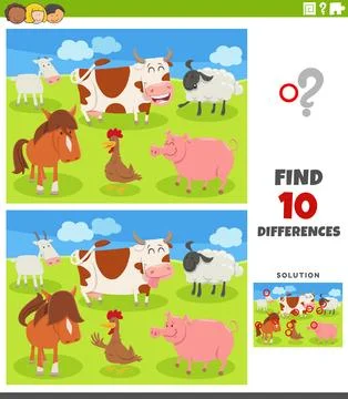 Differences activity puzzle with happy cartoon farm animals group Stock Illustration