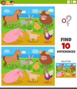 Differences activity task with cartoon farm animals Stock Illustration