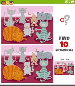 Differences activity worksheet with cartoon cats animal characters Stock Illustration
