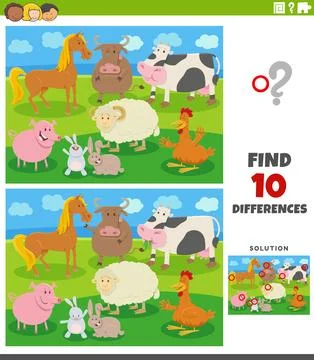 Differences activity worksheet with cartoon farm animals Stock Illustration