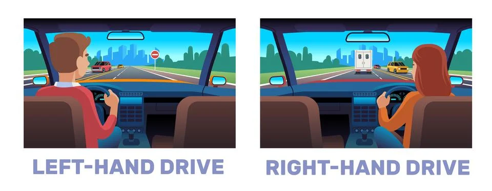 Differences between right handed and left handed driving. Man and woman riding Stock Illustration