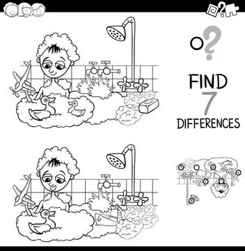Differences with boy in bath color book Black and White Cartoon Illustrati... Stock Photos