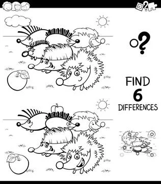 Differences color book with hedgehog characters Black and White Cartoon Il... Stock Photos