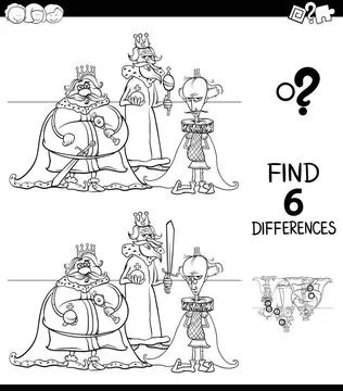 Differences color book with kings characters Black and White Cartoon Illus... Stock Photos