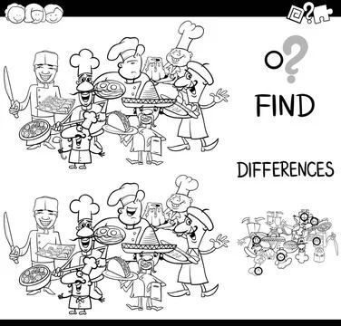 Differences with cooks coloring page Black and White Cartoon Illustration ... Stock Photos