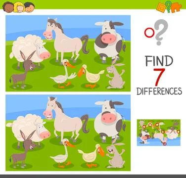 Differences edu game with farm animals Cartoon Illustration of Finding Sev... 스톡 사진