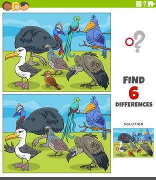 Differences educational game with cartoon birds Cartoon illustration of fi... Stock Photos