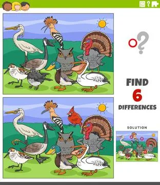 Differences educational game with cartoon birds animal characters Cartoon ... Stock Photos