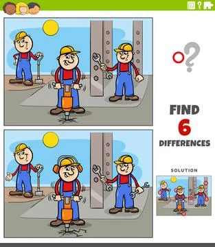 Differences educational game with cartoon builders Stock Illustration