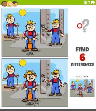 Differences educational game with cartoon builders Cartoon illustration of... Stock Photos