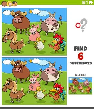 Differences educational game with cartoon farm animals Cartoon illustratio... Stock Photos