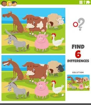 Differences educational game with cartoon farm animals Cartoon illustratio... Stock Photos