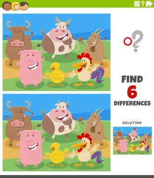 Differences educational game with cartoon farm animal characters Cartoon i... 스톡 사진