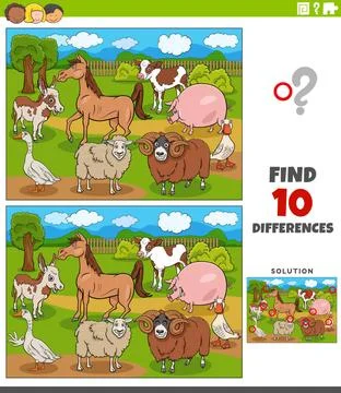 Differences educational game with cartoon farm animals Cartoon illustratio... Stock Photos