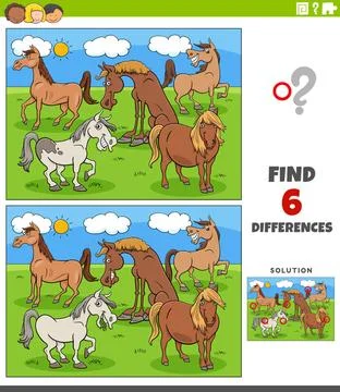Differences educational game with cartoon horses Cartoon illustration of f... Stock Photos