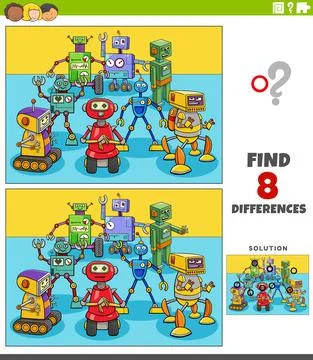 Differences educational game with cartoon robots group Stock Illustration