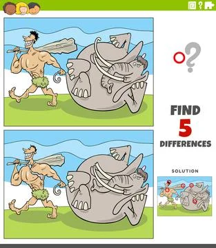 Differences educational game with caveman and mammoth Stock Illustration