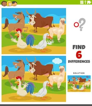 Differences educational game with comic farm animals Cartoon illustration ... Stock Photos