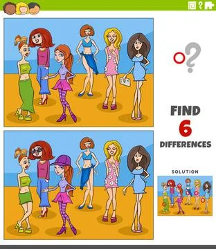 Differences educational game with comic pretty women Cartoon illustration ... Stock Photos