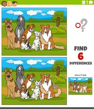 Differences educational game with comic purebred dogs Cartoon illustration... Stock Photos