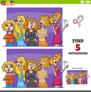 Differences educational game with comic women characters Cartoon illustrat... Stock Photos