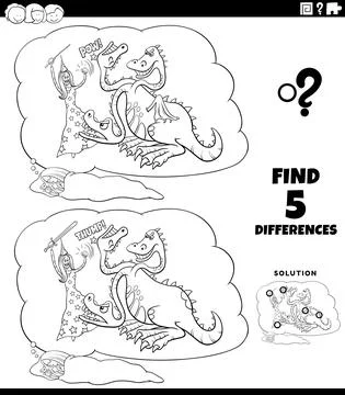Differences educational game with fantasy dream coloring book page Stock Illustration